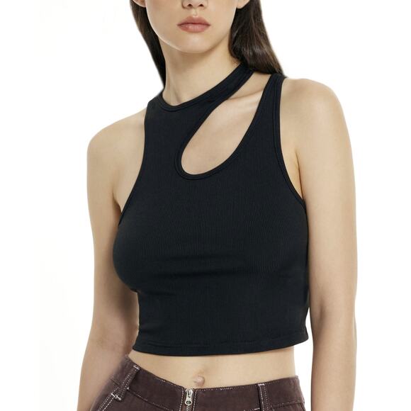 Cider Tops - Cider Black Solid Asymmetrical Sleeveless Crop Top Ribbed Tank Top Size Large